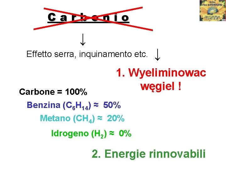 Carbonio ↓ Effetto serra, inquinamento etc. ↓ 1. Wyeliminowac węgiel ! Carbone = 100%