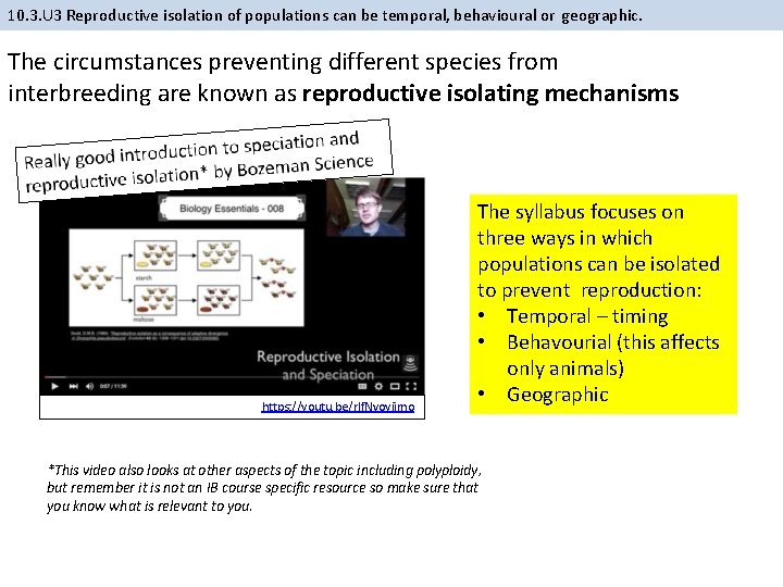10. 3. U 3 Reproductive isolation of populations can be temporal, behavioural or geographic.