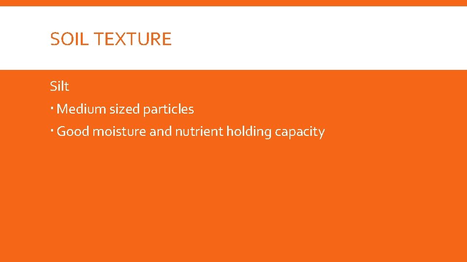 SOIL TEXTURE Silt Medium sized particles Good moisture and nutrient holding capacity 