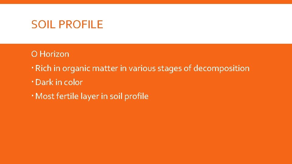 SOIL PROFILE O Horizon Rich in organic matter in various stages of decomposition Dark