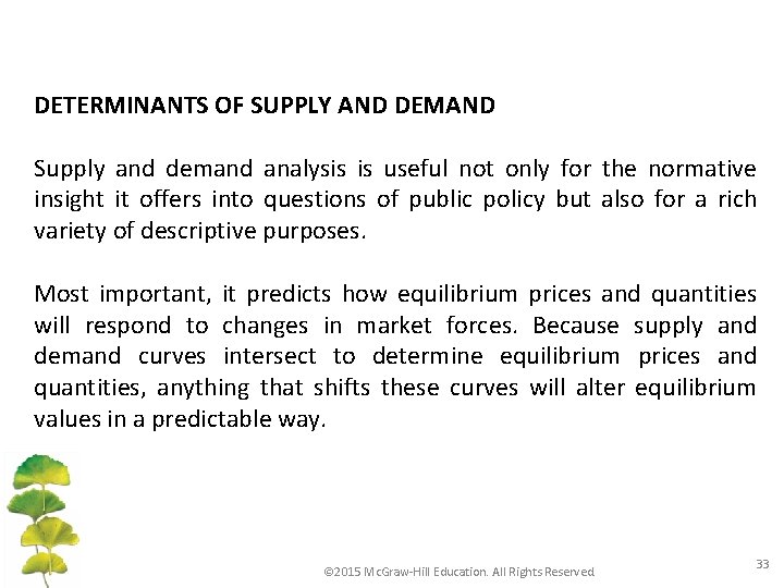 DETERMINANTS OF SUPPLY AND DEMAND Supply and demand analysis is useful not only for