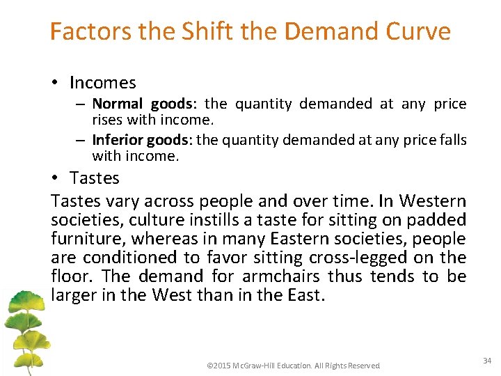 Factors the Shift the Demand Curve • Incomes – Normal goods: the quantity demanded