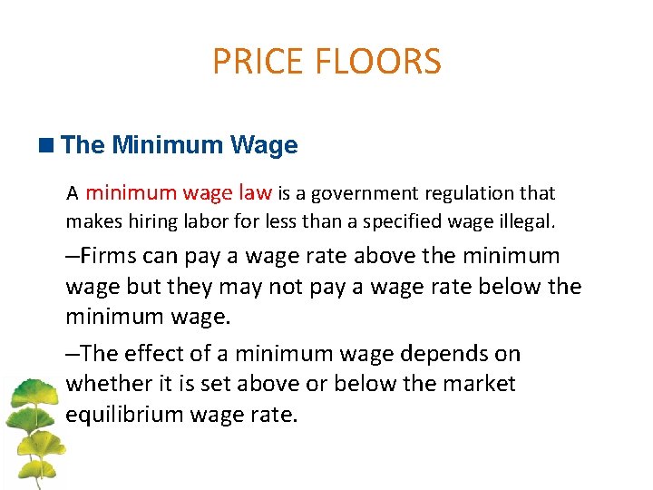 PRICE FLOORS <The Minimum Wage A minimum wage law is a government regulation that