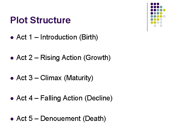 Plot Structure l Act 1 – Introduction (Birth) l Act 2 – Rising Action Plot Structure l Act 1 – Introduction (Birth) l Act 2 – Rising Action
