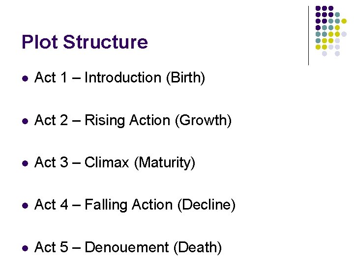 Plot Structure l Act 1 – Introduction (Birth) l Act 2 – Rising Action