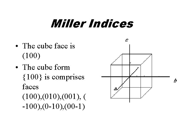 Miller Indices • The cube face is (100) • The cube form {100} is