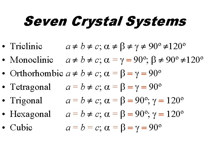 Seven Crystal Systems • • Triclinic a b c; a b g 90º 120º