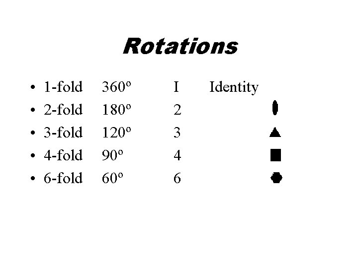Rotations • • • 1 -fold 2 -fold 3 -fold 4 -fold 6 -fold