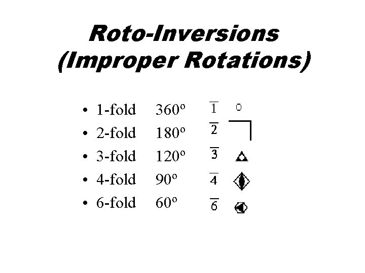 Roto-Inversions (Improper Rotations) • • • 1 -fold 2 -fold 3 -fold 4 -fold