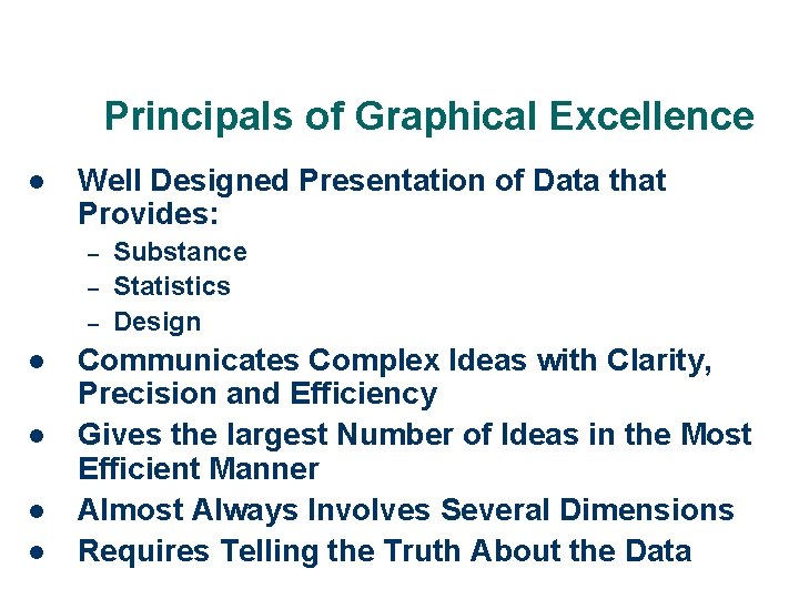 Principals of Graphical Excellence l Well Designed Presentation of Data that Provides: – – Principals of Graphical Excellence l Well Designed Presentation of Data that Provides: – –