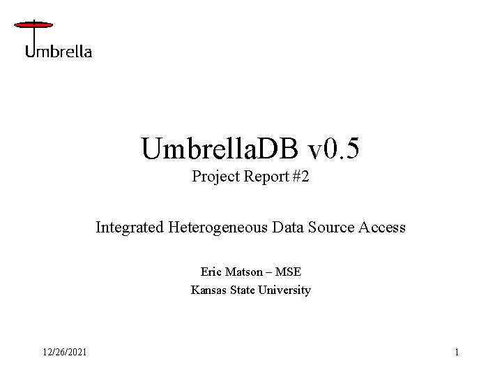 Umbrella. DB v 0. 5 Project Report #2 Integrated Heterogeneous Data Source Access Eric