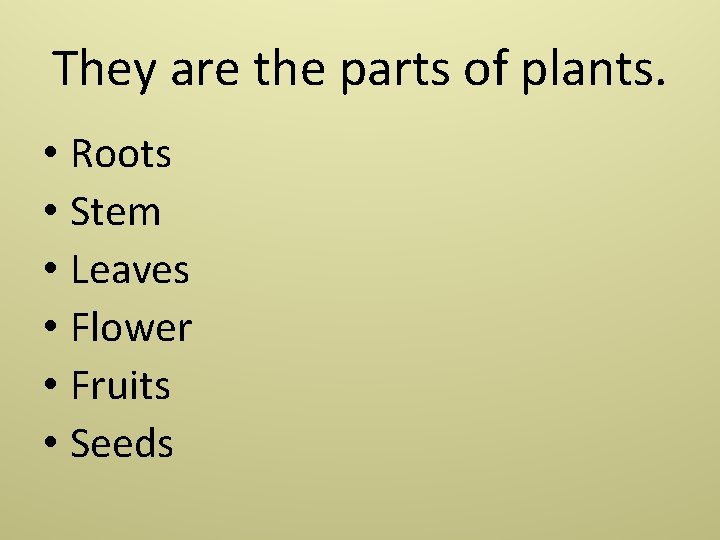 They are the parts of plants. • Roots • Stem • Leaves • Flower