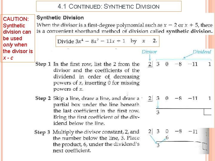 4. 1 CONTINUED: SYNTHETIC DIVISION CAUTION: Synthetic division can be used only when the