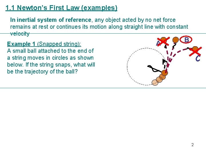 1. 1 Newton’s First Law (examples) In inertial system of reference, any object acted
