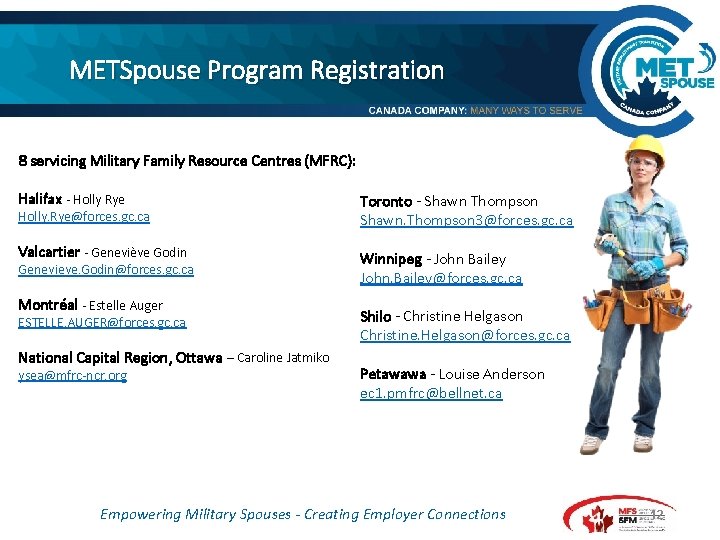 METSpouse Program Registration 8 servicing Military Family Resource Centres (MFRC): Halifax - Holly Rye