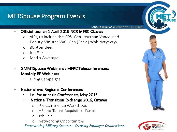 METSpouse Program Events • Official Launch 1 April 2016 NCR MFRC Ottawa o VIPs,