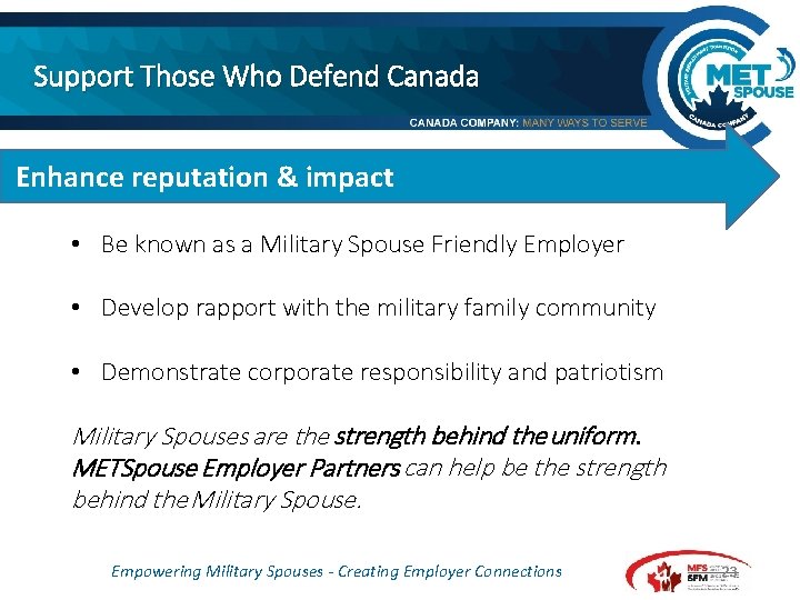 Support Those Who Defend Canada Enhance reputation & impact • Be known as a