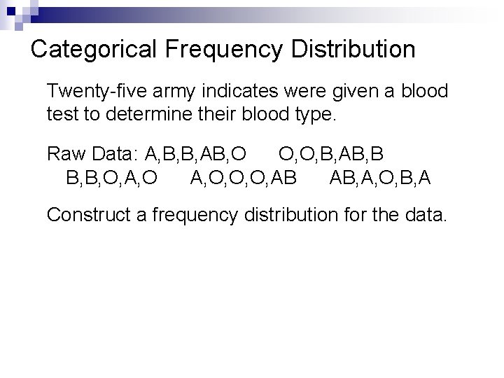 Categorical Frequency Distribution Twenty-five army indicates were given a blood test to determine their