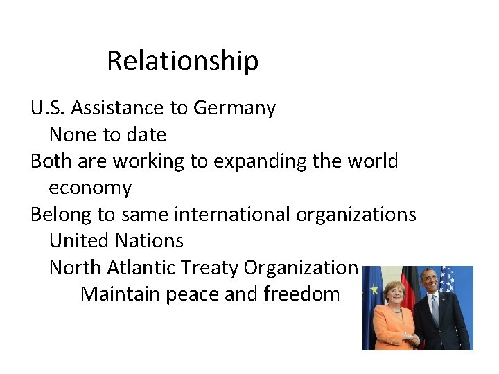 Relationship U. S. Assistance to Germany None to date Both are working to expanding