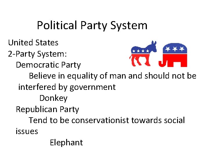 Political Party System United States 2 -Party System: Democratic Party Believe in equality of