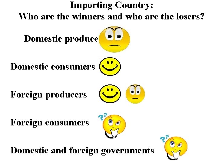 Importing Country: Who are the winners and who are the losers? Domestic producers Domestic