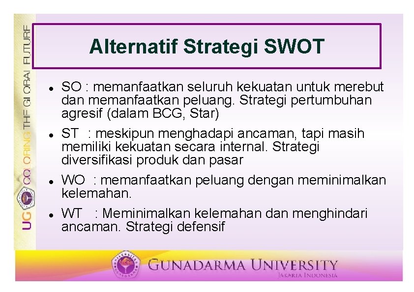Alternatif Strategi SWOT SO : memanfaatkan seluruh kekuatan untuk merebut dan memanfaatkan peluang. Strategi