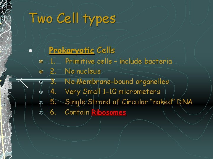 Two Cell types · Prokaryotic Cells 1. 2. 3. 4. 5. 6. Primitive cells