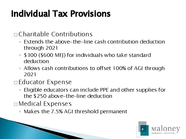 Individual Tax Provisions � Charitable Contributions ◦ Extends the above-the-line cash contribution deduction through