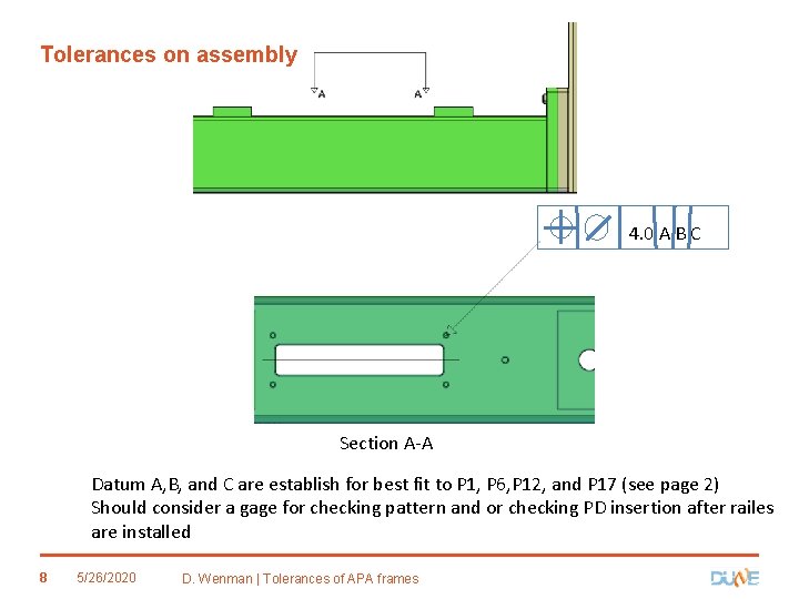 Tolerances on assembly 4. 0 A B C Section A-A Datum A, B, and