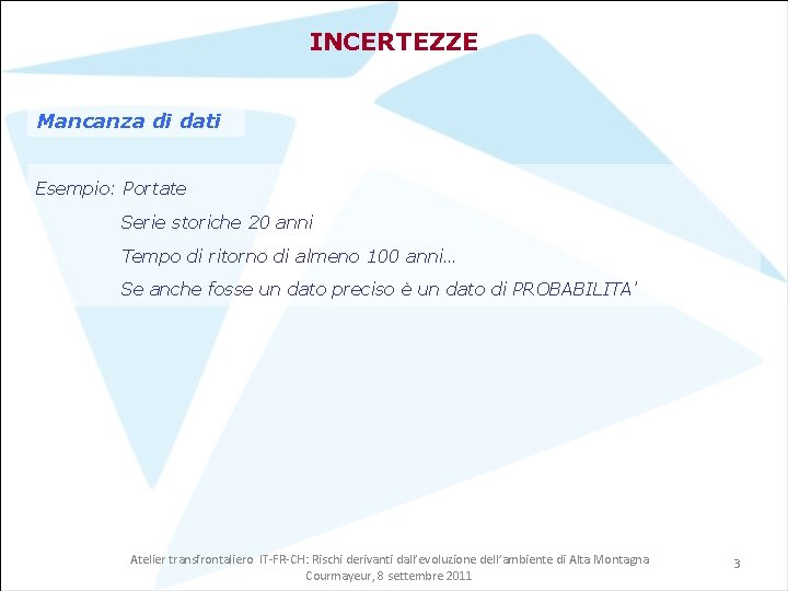 INCERTEZZE Mancanza di dati Esempio: Portate Serie storiche 20 anni Tempo di ritorno di