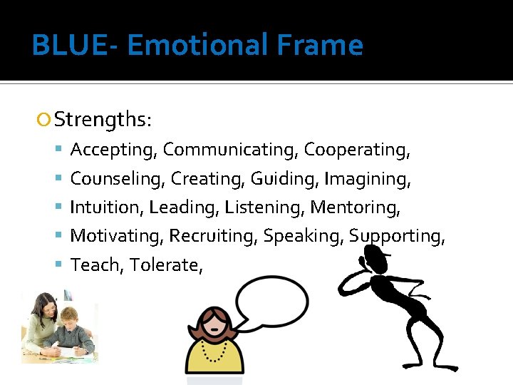 BLUE- Emotional Frame Strengths: Accepting, Communicating, Cooperating, Counseling, Creating, Guiding, Imagining, Intuition, Leading, Listening,