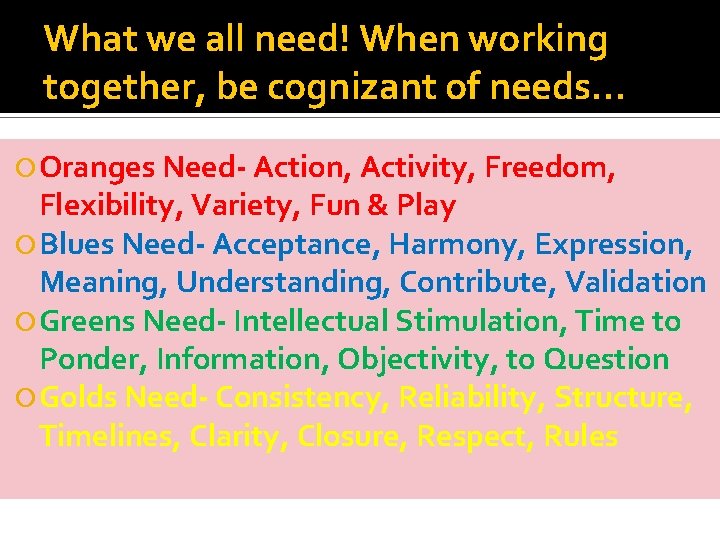 What we all need! When working together, be cognizant of needs… Oranges Need- Action,