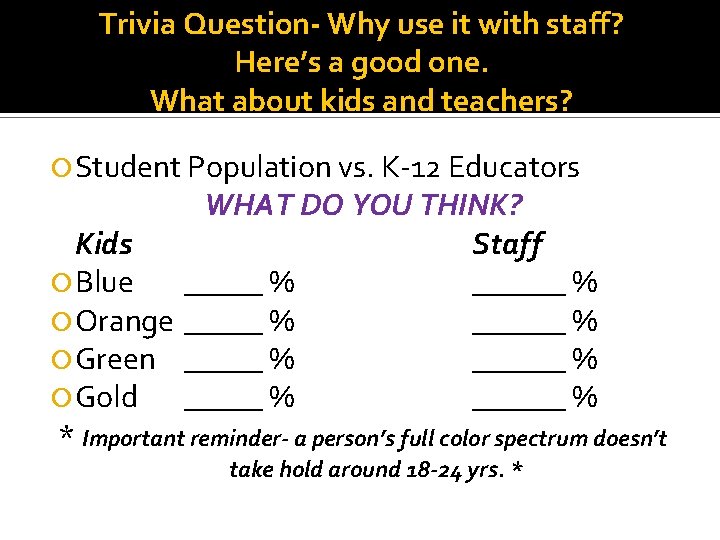 Trivia Question- Why use it with staff? Here’s a good one. What about kids