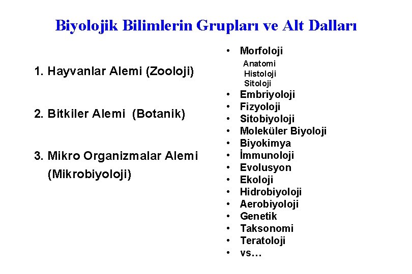 Biyolojik Bilimlerin Grupları ve Alt Dalları • Morfoloji Anatomi Histoloji Sitoloji 1. Hayvanlar Alemi