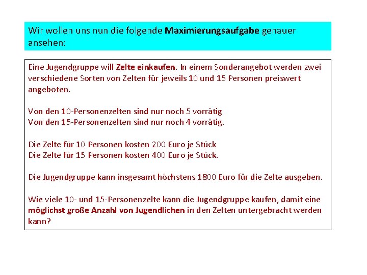 Wir wollen uns nun die folgende Maximierungsaufgabe genauer ansehen: Eine Jugendgruppe will Zelte einkaufen.