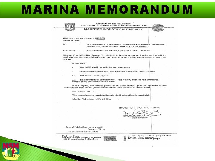 MARINA MEMORANDUM 