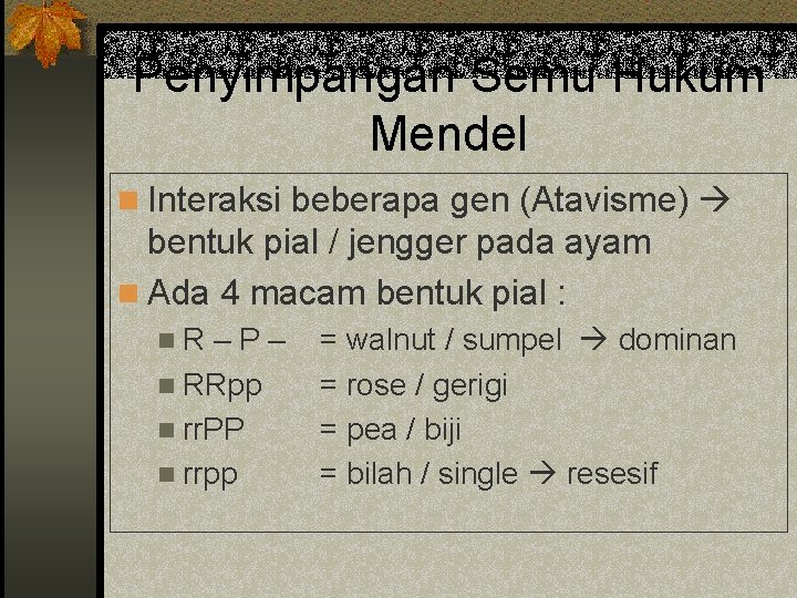 Penyimpangan Semu Hukum Mendel n Interaksi beberapa gen (Atavisme) bentuk pial / jengger pada