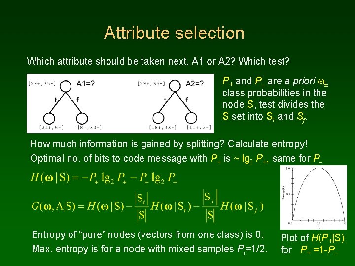 Attribute selection Which attribute should be taken next, A 1 or A 2? Which