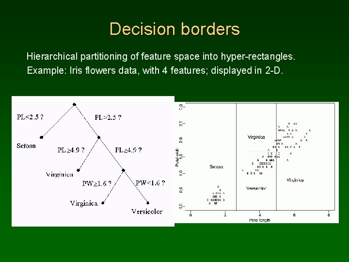 Decision borders Hierarchical partitioning of feature space into hyper-rectangles. Example: Iris flowers data, with