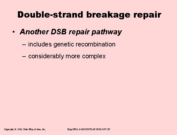 Double-strand breakage repair • Another DSB repair pathway – includes genetic recombination – considerably