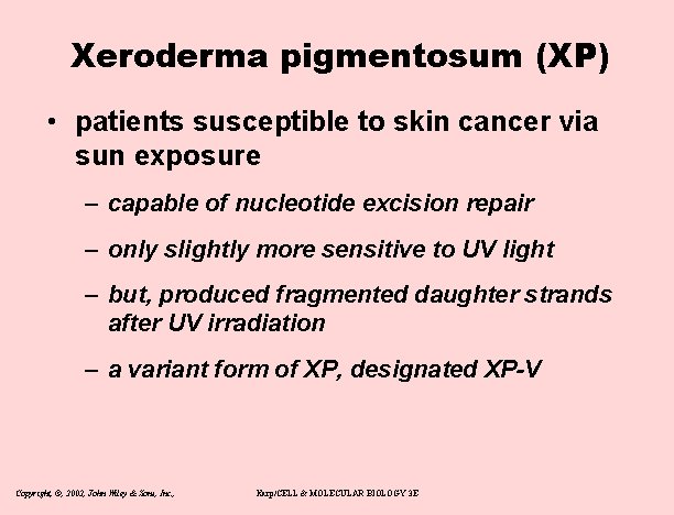 Xeroderma pigmentosum (XP) • patients susceptible to skin cancer via sun exposure – capable