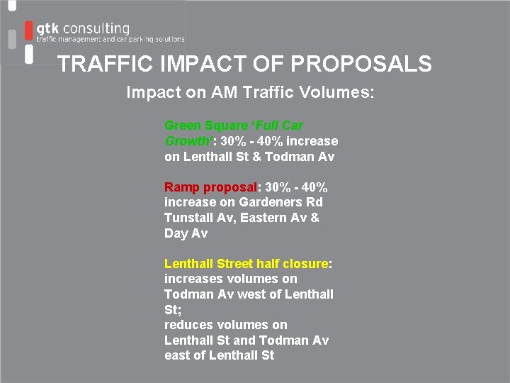 TRAFFIC IMPACT OF PROPOSALS Impact on AM Traffic Volumes: Green Square ‘Full Car Growth’: