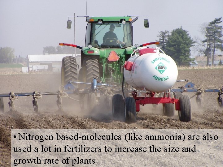  • Nitrogen based-molecules (like ammonia) are also used a lot in fertilizers to