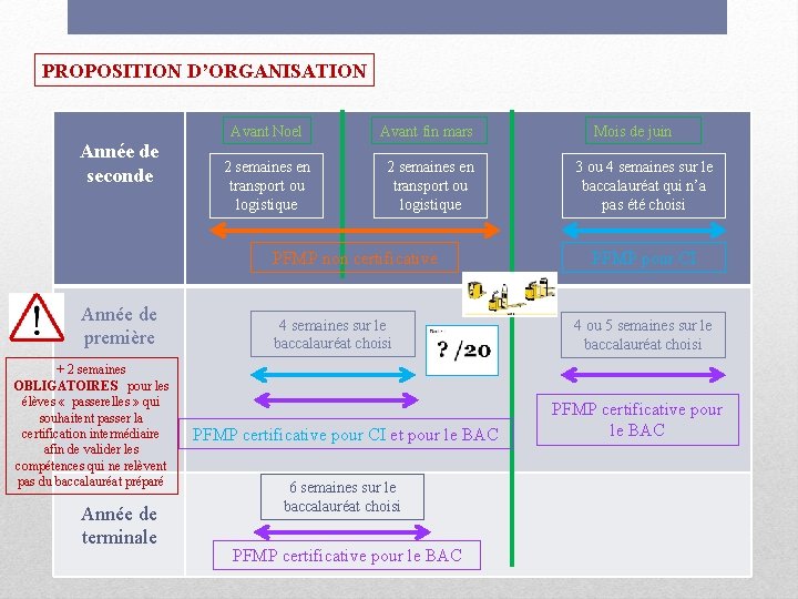 PROPOSITION D’ORGANISATION Année de seconde Avant Noel Avant fin mars 2 semaines en transport