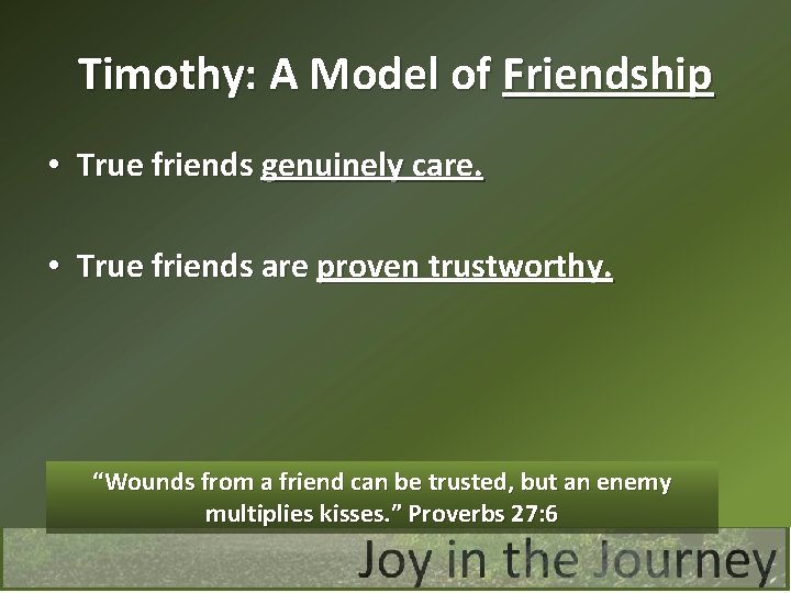 Timothy: A Model of Friendship • True friends genuinely care. • True friends are