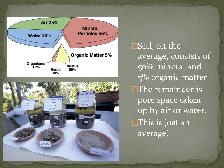 Soil Composition �Soil, on the average, consists of 50% mineral and 5% organic matter.