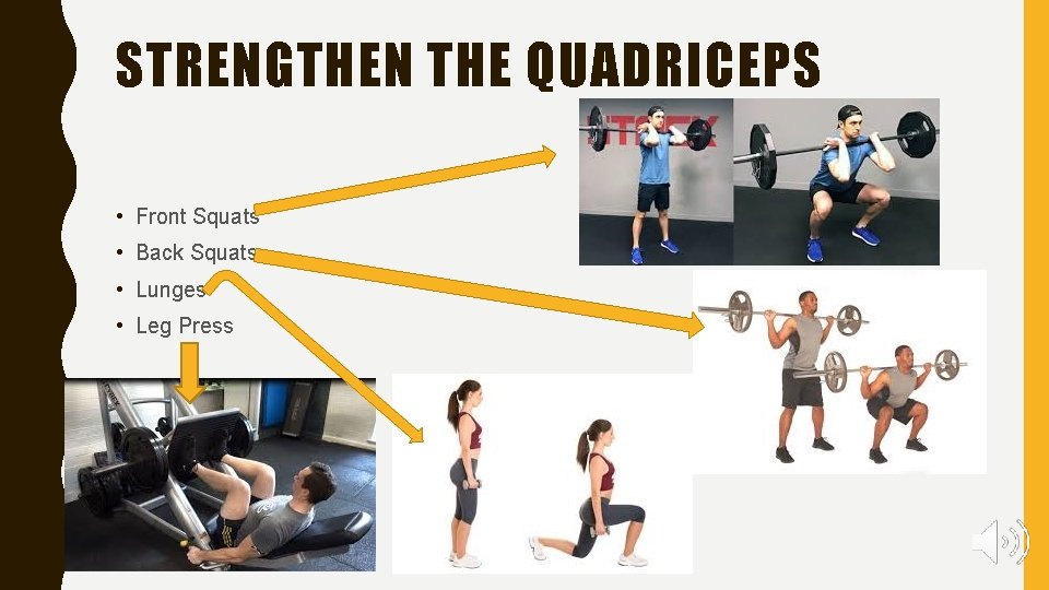 STRENGTHEN THE QUADRICEPS • Front Squats • Back Squats • Lunges • Leg Press
