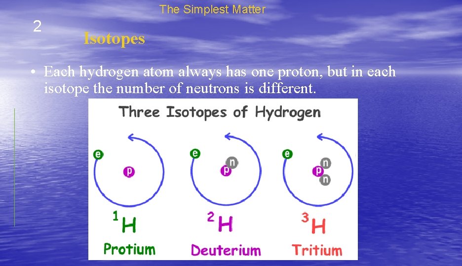 The Simplest Matter 2 Isotopes • Each hydrogen atom always has one proton, but