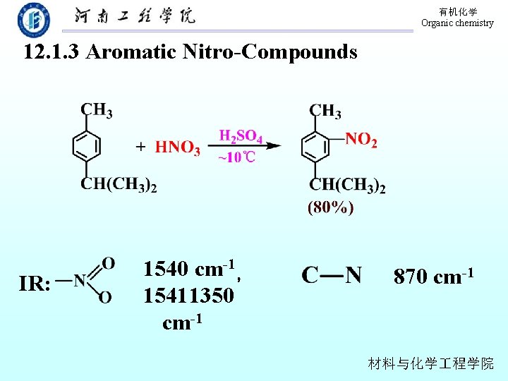 有机化学 Organic chemistry 12. 1. 3 Aromatic Nitro-Compounds IR: 1540 cm-1， 15411350 cm-1 870