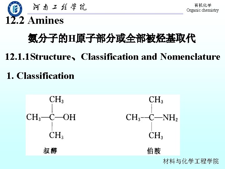 有机化学 Organic chemistry 12. 2 Amines 氨分子的H原子部分或全部被烃基取代 12. 1. 1 Structure、Classification and Nomenclature 1.